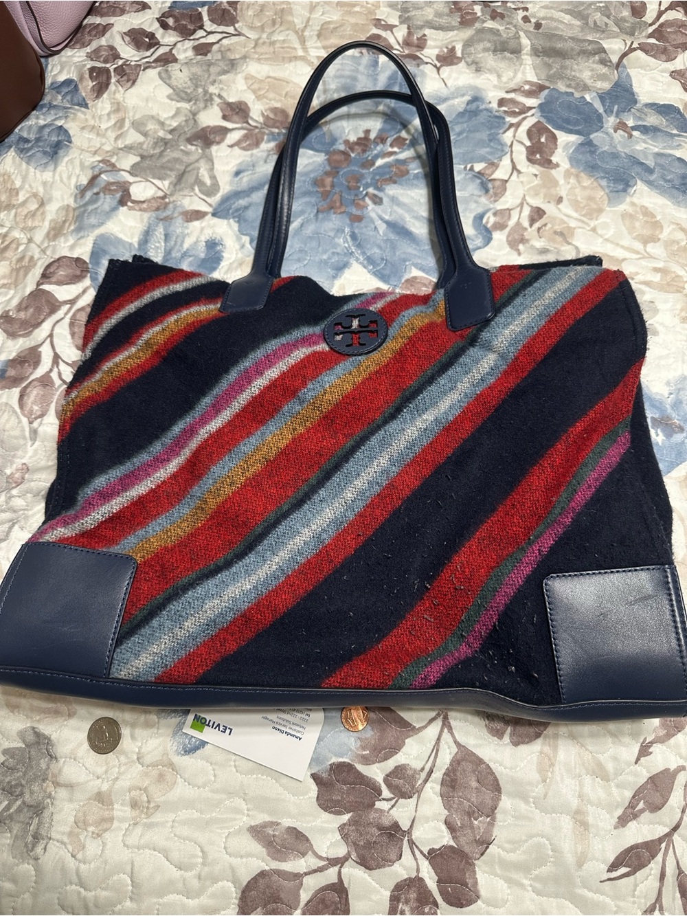 Tory Burch Navy Multicolor Diagonal Stripe Wool Tote.